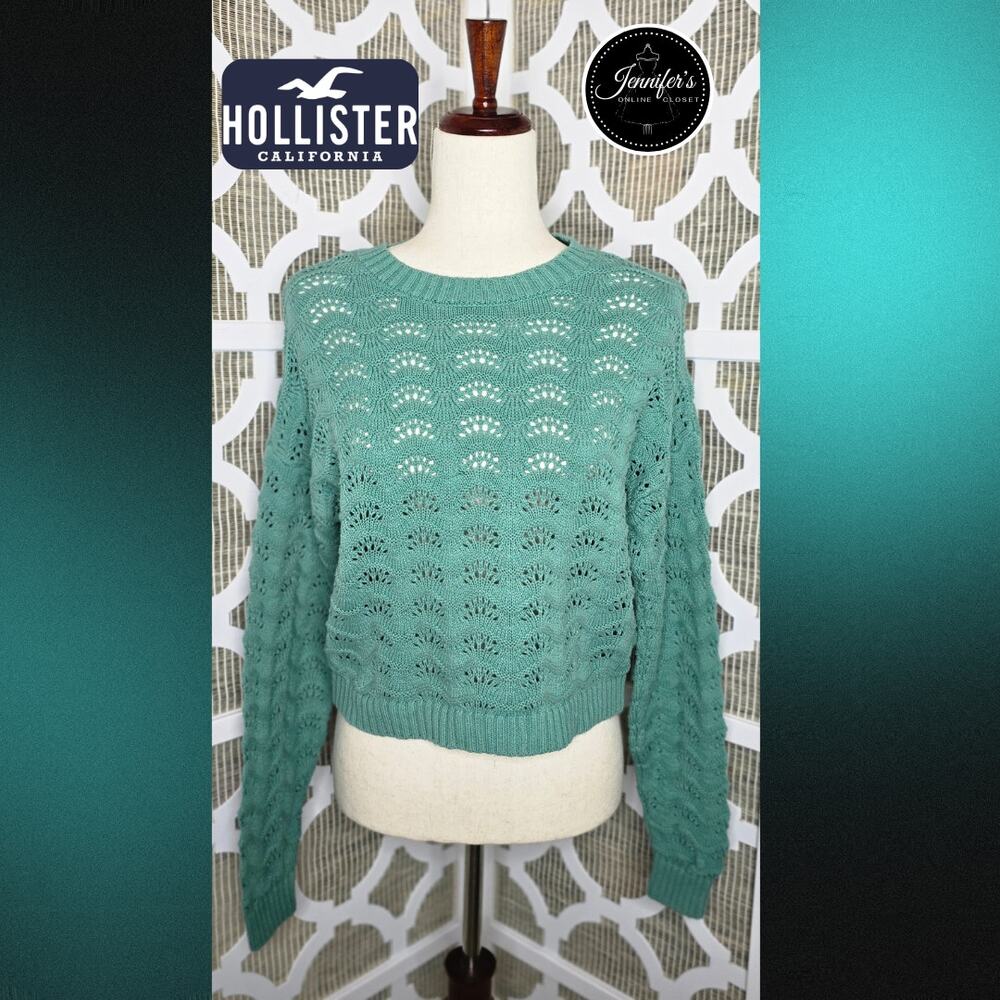 Hollister Women's Green Crochet Knit Crew Neck Long Sleeve Sweater Size XS